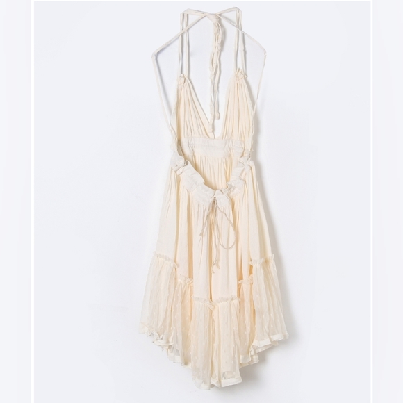 New Boho Flirty Tulle Dot Ruffle Halter Mini Dress Off White Cream Ivory - Picture 6 of 12